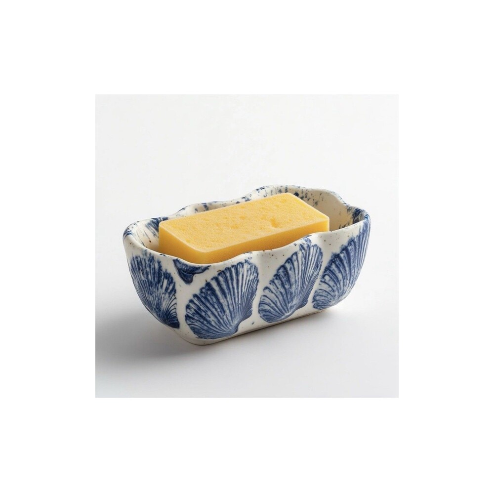 Ceramic Blue Shell Sponge Holder Kitchen Sink Caddy Dish Sponge Organizer New - Picture 4 of 7